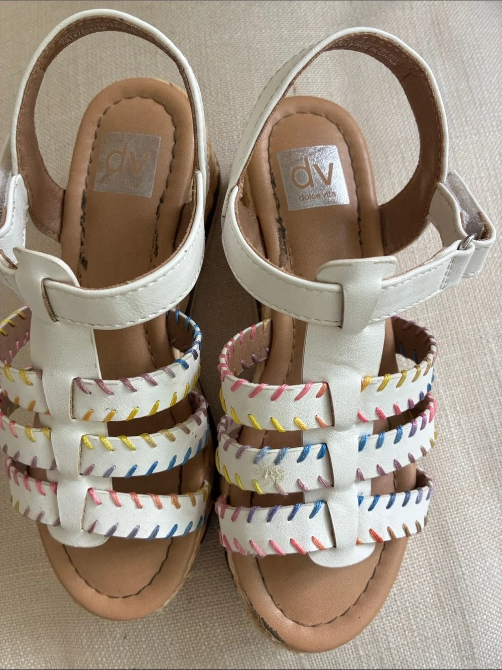 DV by Dolce Vita Girls White Leather Sandals with Multicolor Stitching